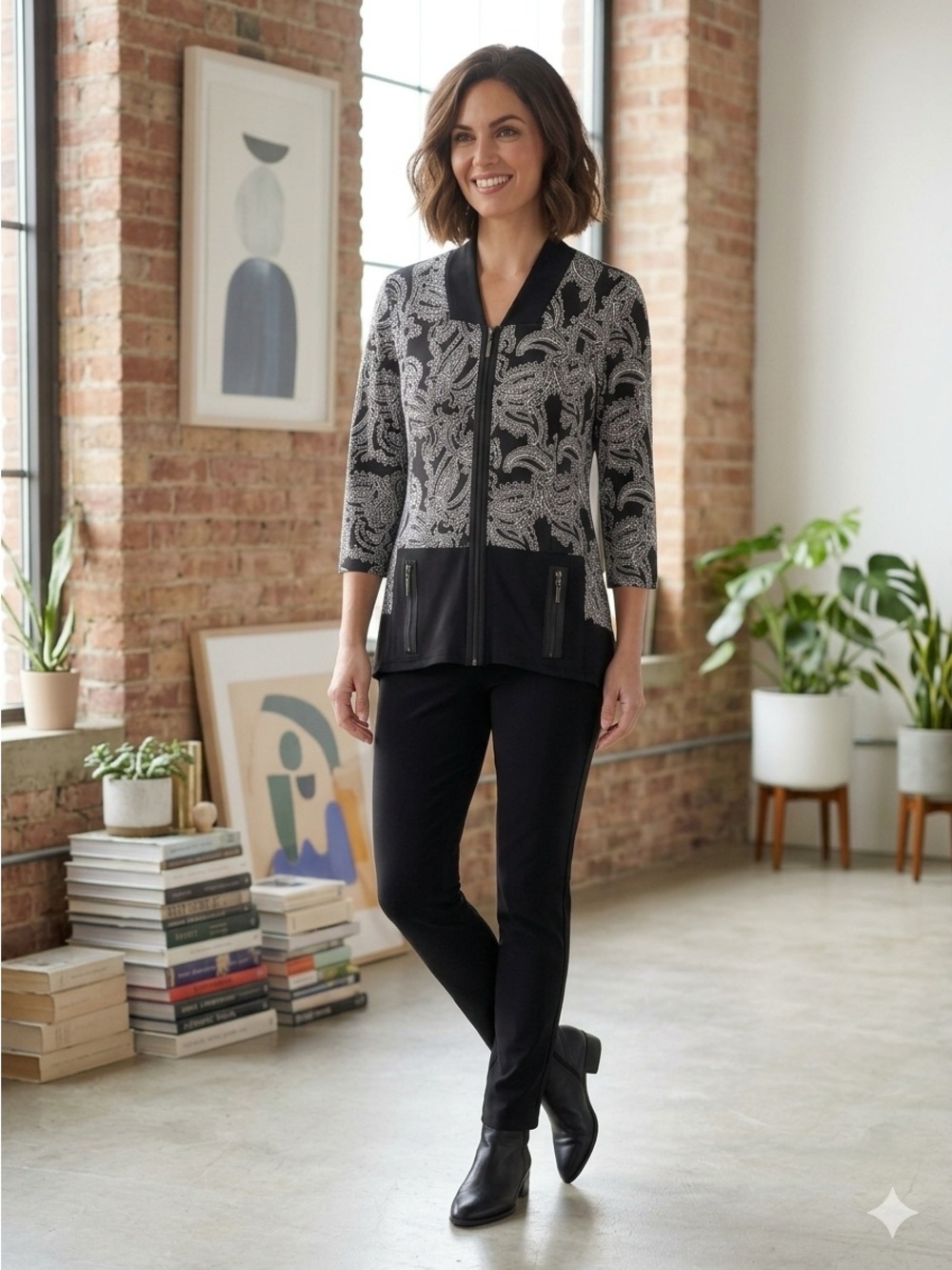 NWT Joseph Ribkoff Paisley Contrast Zip Jacket Black White Size 8